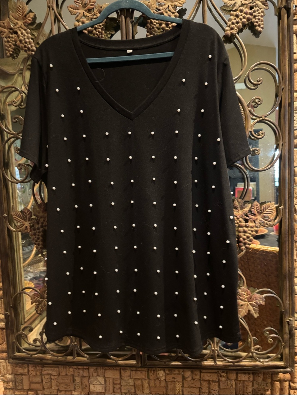 Like New Simply Elegant Black V-Neck Short Sleeve Sweater with Pearl Studs. 2XL